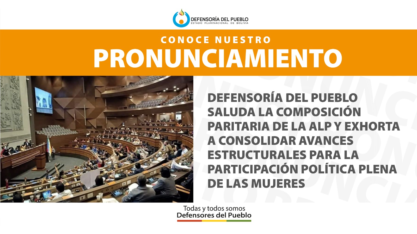 DEFENSORÍA DEL PUEBLO SALUDA LA COMPOSICIÓN PARITARIA DE LA ALP Y EXHORTA A CONSOLIDAR AVANCES ESTRUCTURALES PARA LA PARTICIPACIÓN POLÍTICA PLENA DE LAS MUJERES