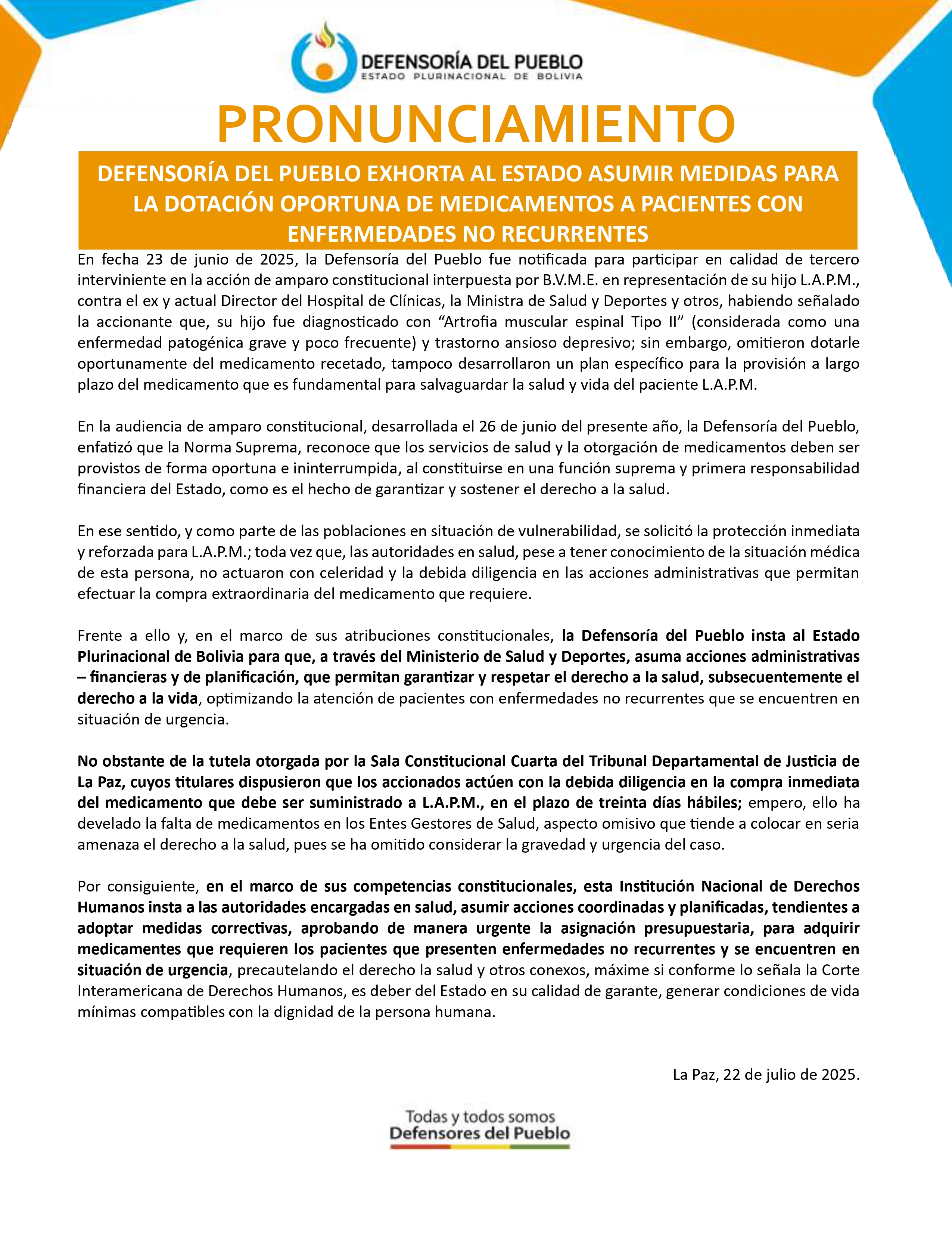 DEFENSORÍA DEL PUEBLO EXHORTA AL ESTADO ASUMIR MEDIDAS PARA LA DOTACIÓN OPORTUNA DE MEDICAMENTOS A PACIENTES CON ENFERMEDADES NO RECURRENTES