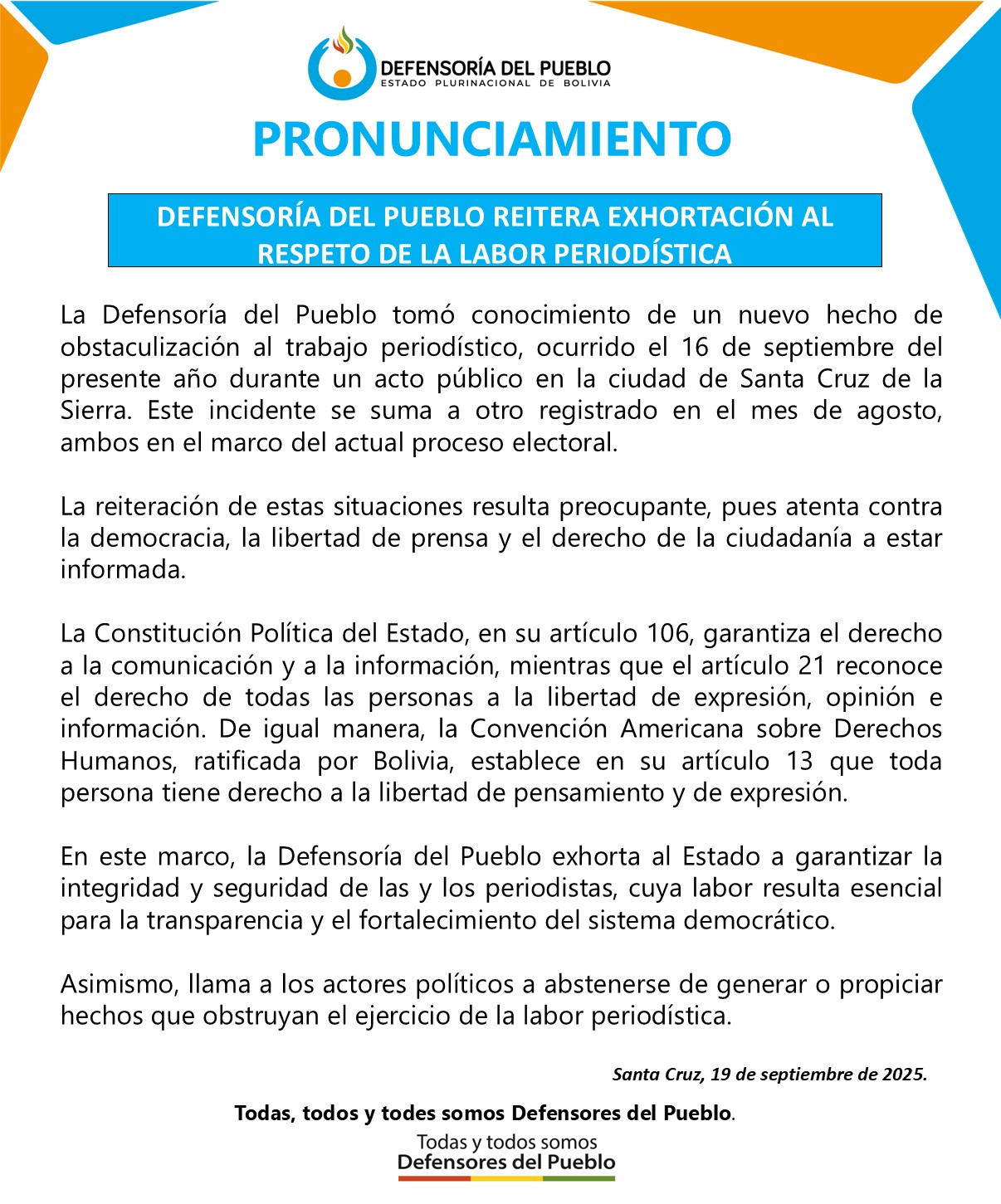 DEFENSORÍA DEL PUEBLO REITERA EXHORTACIÓN AL RESPETO DE LA LABOR PERIODÍSTICA