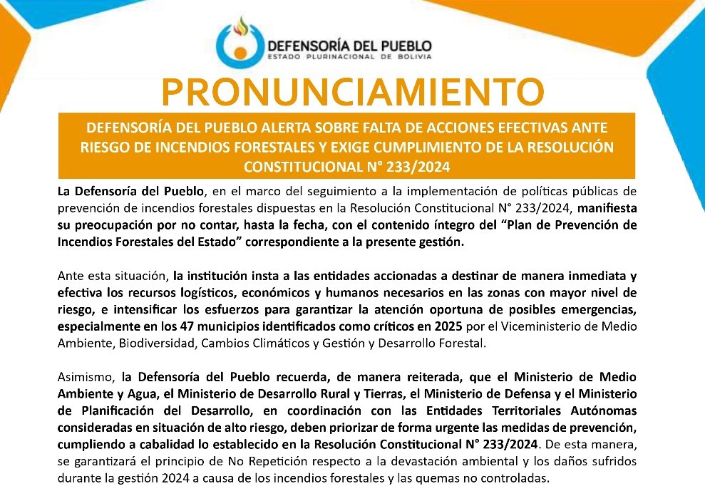 DEFENSORÍA DEL PUEBLO ALERTA SOBRE FALTA DE ACCIONES EFECTIVAS ANTE RIESGO DE INCENDIOS FORESTALES Y EXIGE CUMPLIMIENTO DE LA RESOLUCIÓN CONSTITUCIONAL N° 233/2024