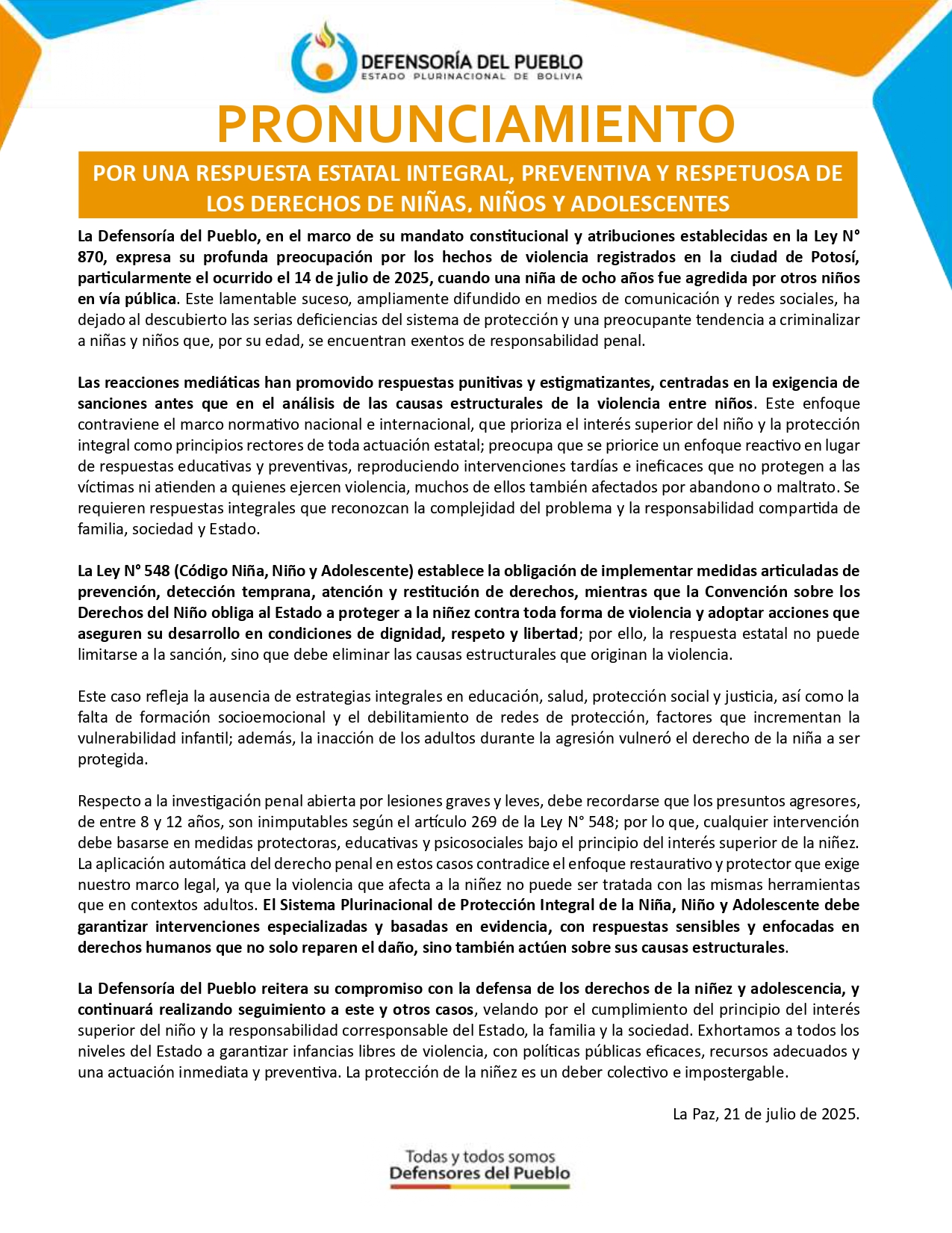 POR UNA RESPUESTA ESTATAL INTEGRAL, PREVENTIVA Y RESPETUOSA DE LOS DERECHOS DE NIÑAS, NIÑOS Y ADOLESCENTES