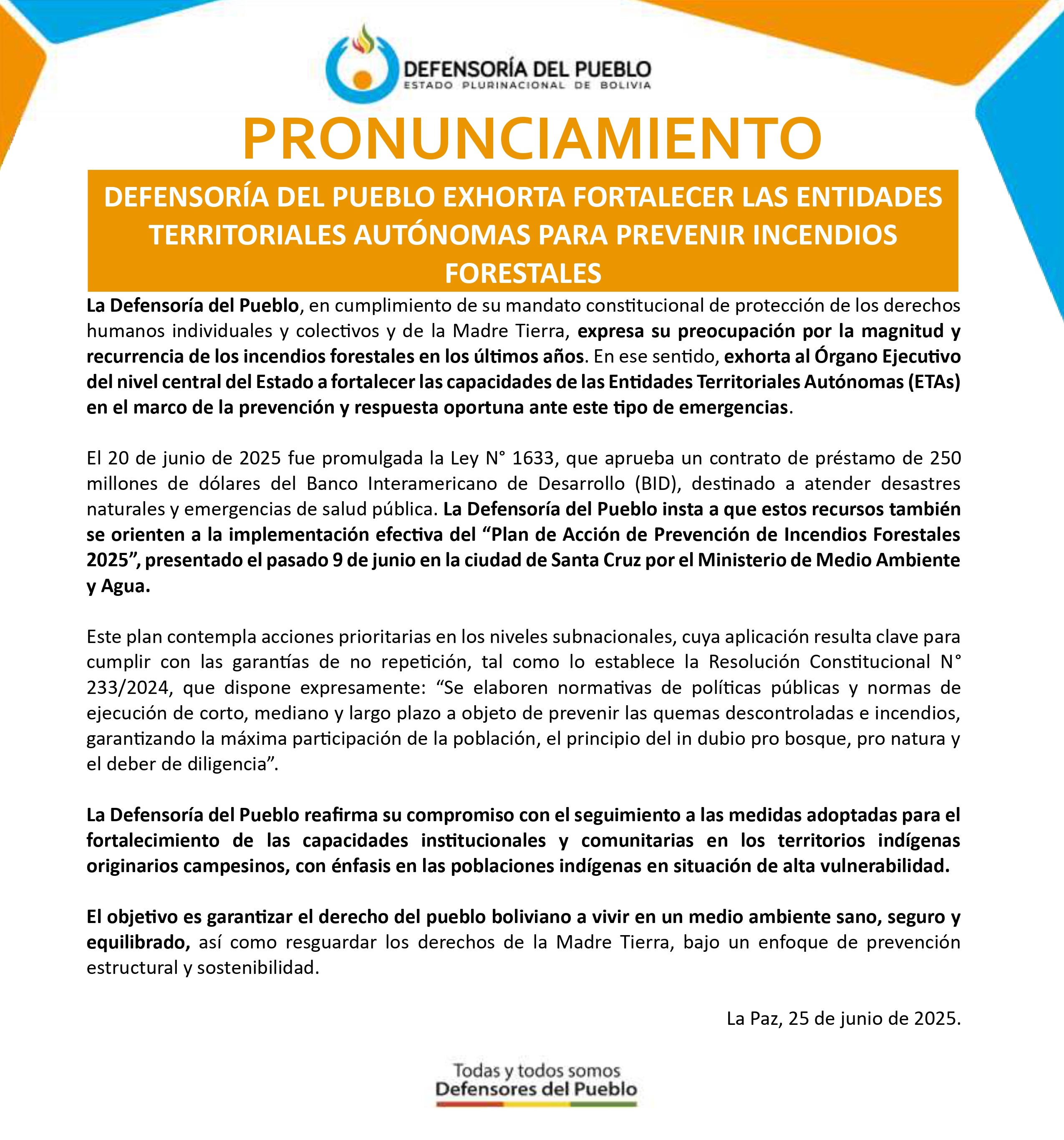 DEFENSORÍA DEL PUEBLO EXHORTA FORTALECER LAS ENTIDADES TERRITORIALES AUTÓNOMAS PARA PREVENIR INCENDIOS FORESTALES