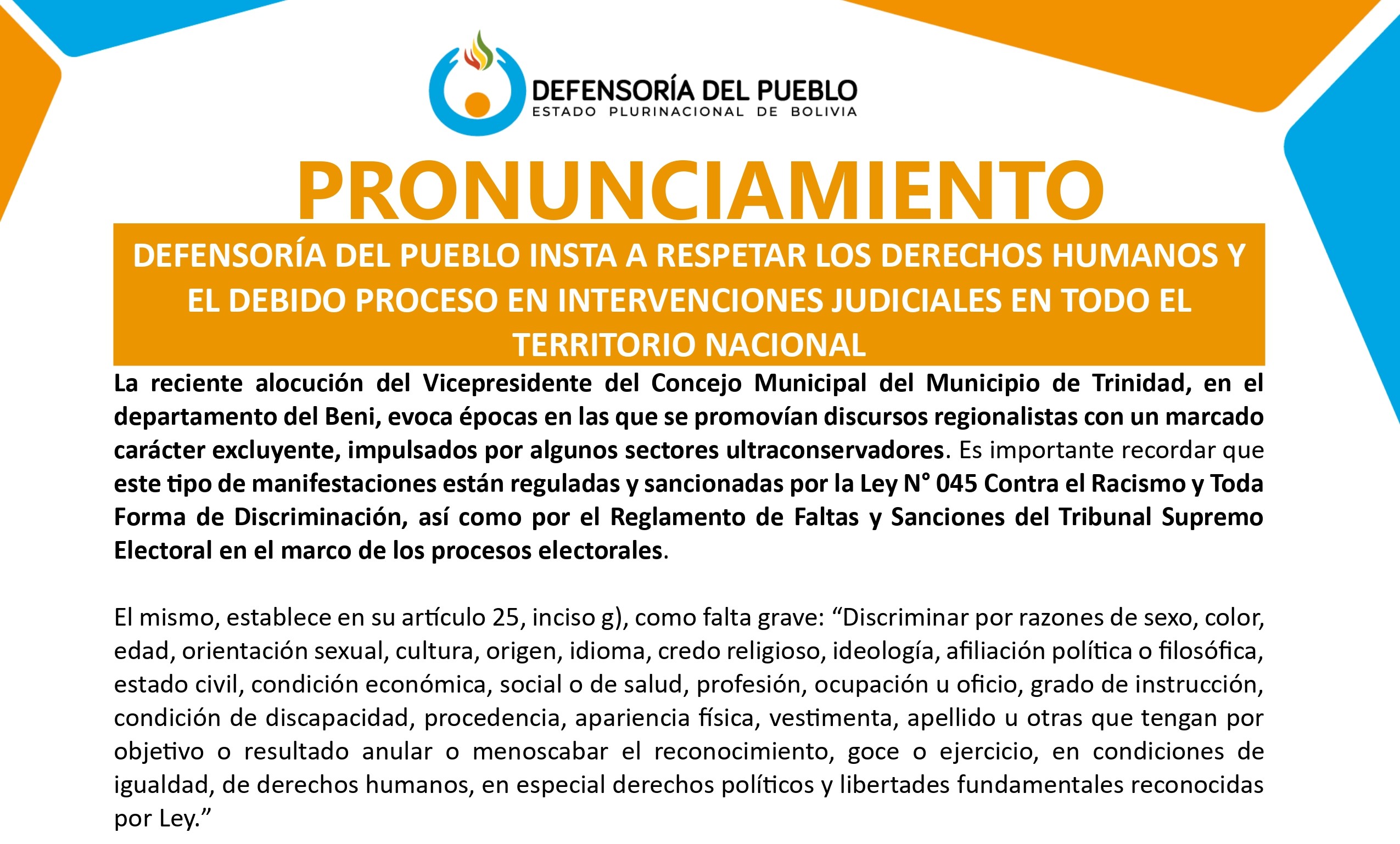 DEFENSORÍA DEL PUEBLO INSTA A RESPETAR LOS DERECHOS HUMANOS Y EL DEBIDO PROCESO EN INTERVENCIONES JUDICIALES EN TODO EL TERRITORIO NACIONAL