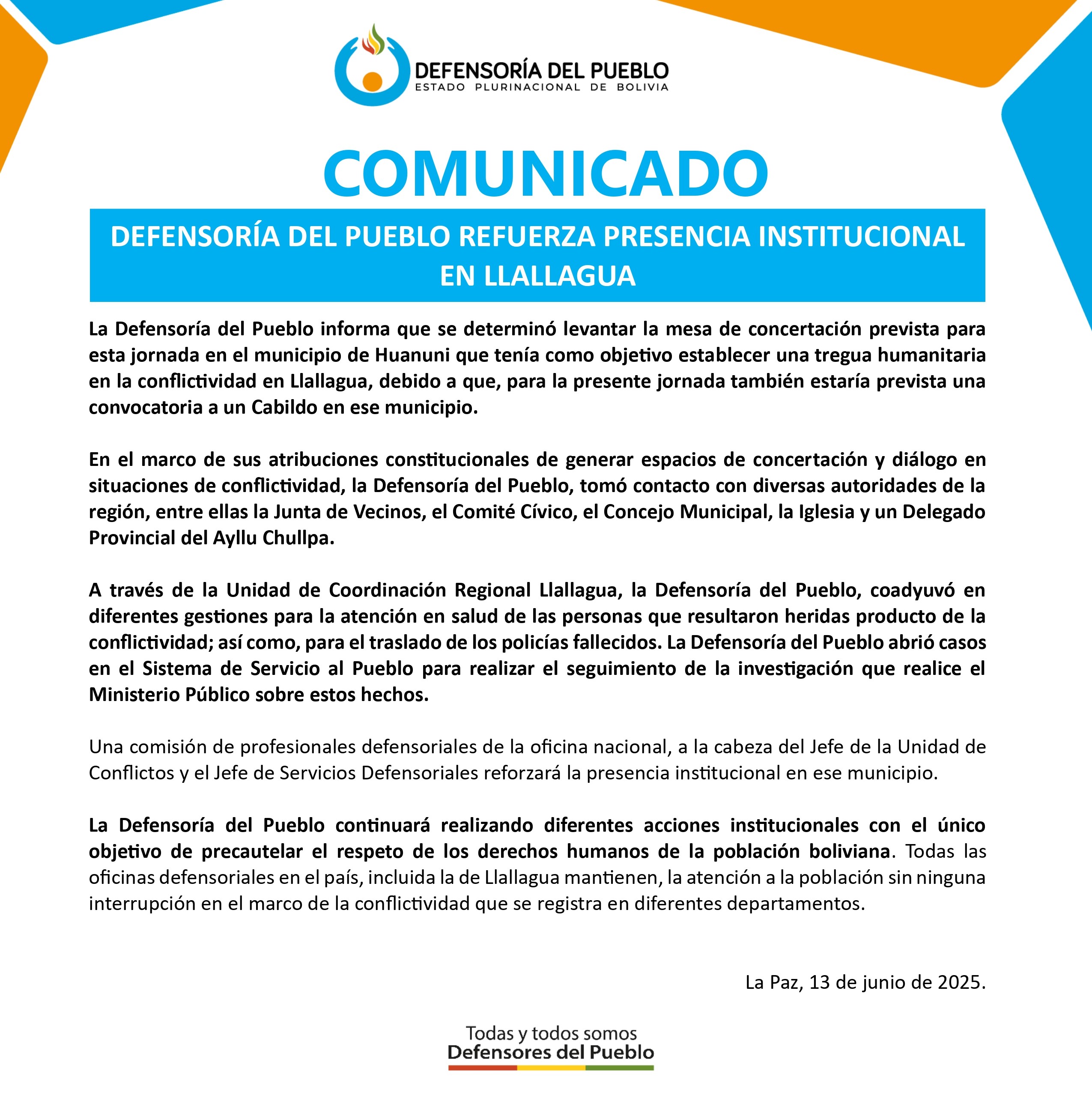 COMUNICADO: DEFENSORÍA DEL PUEBLO REFUERZA PRESENCIA INSTITUCIONAL EN LLALLAGUA