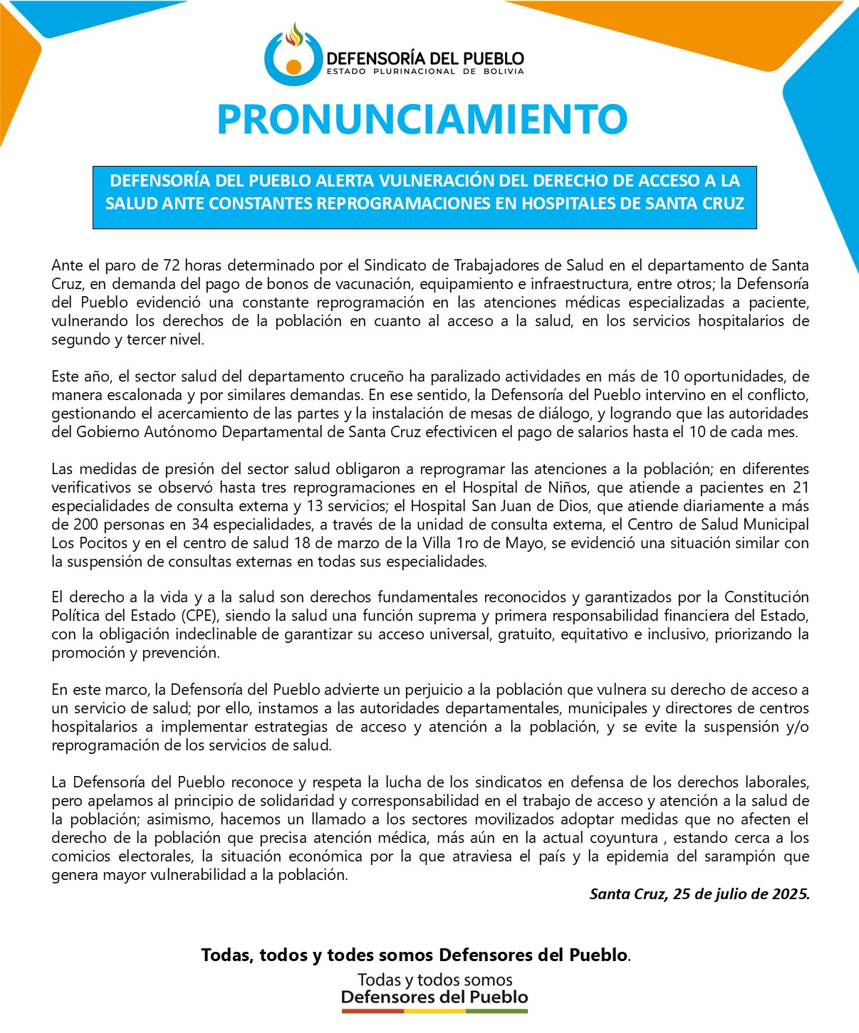 DEFENSORÍA DEL PUEBLO ALERTA VULNERACIÓN DEL DERECHO DE ACCESO A LA SALUD ANTE CONSTANTES REPROGRAMACIONES EN HOSPITALES DE SANTA CRUZ